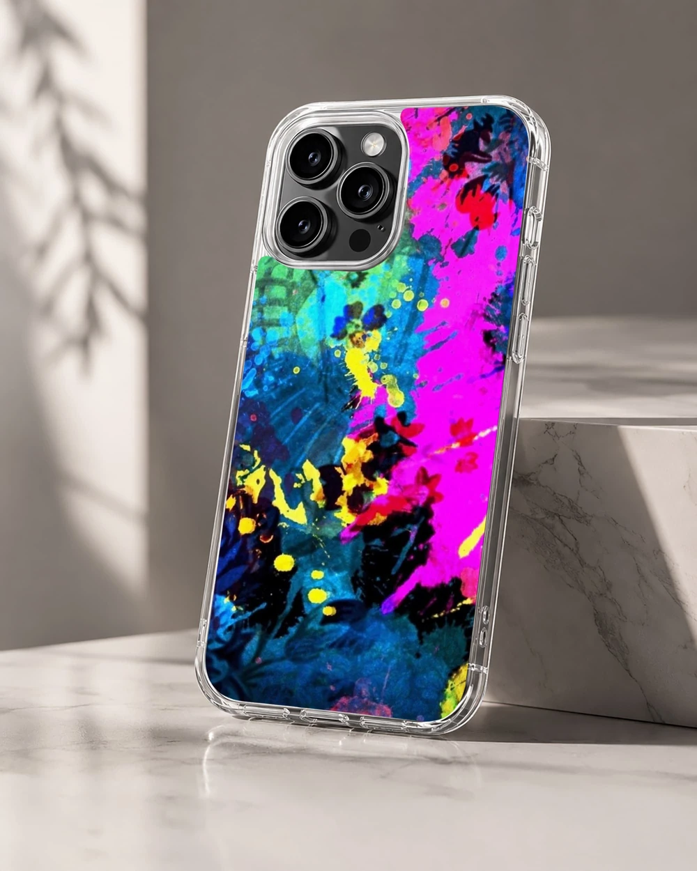 Colorful abstract art phone cover for iPhone 16 Pro.
